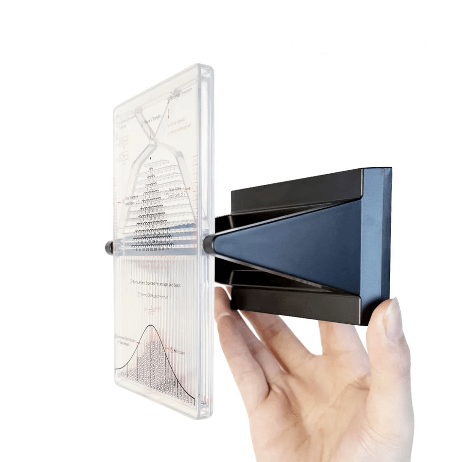 galton board flips in weighted base to reset 3000 steel beads through pin grid bell curve binomial demonstrator desktop toy