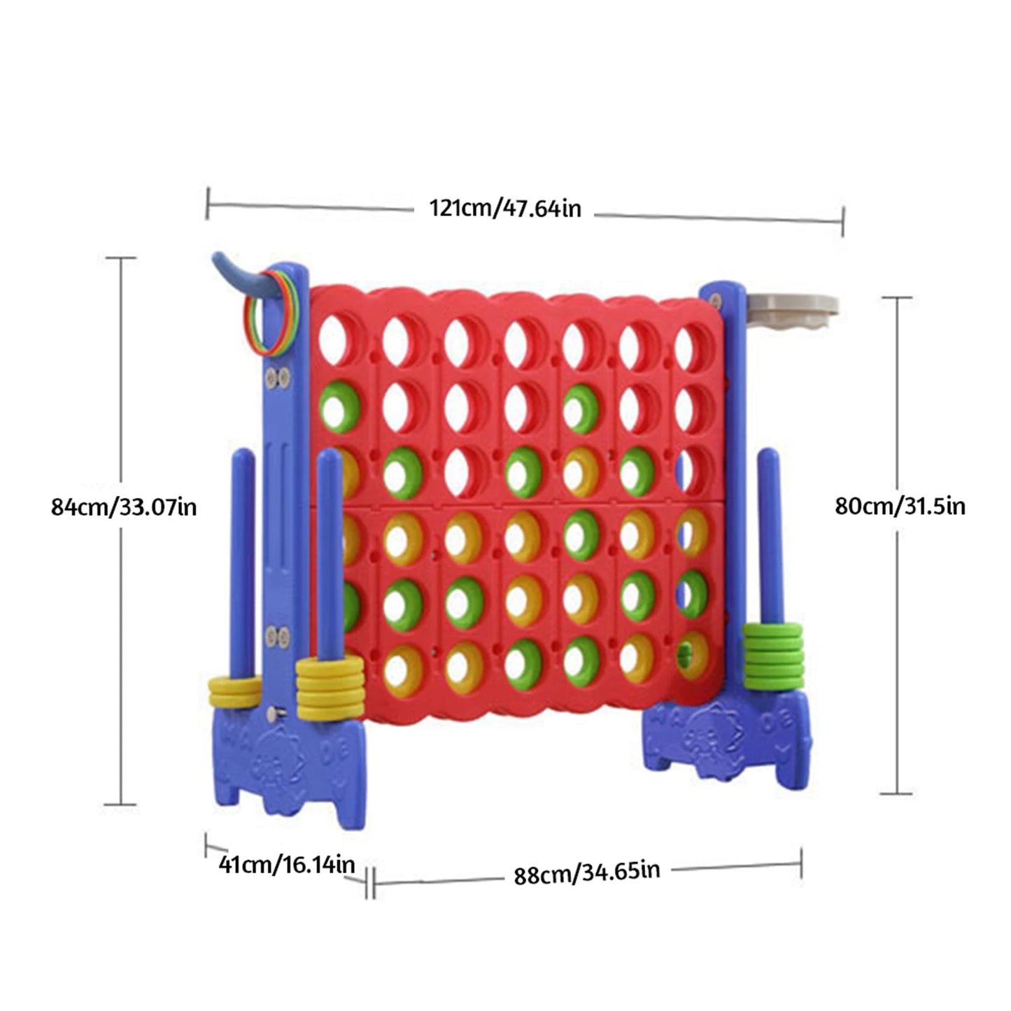 Colorful game board with dimensions labeled on a white background