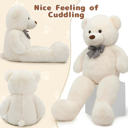 White teddy bear with a bow tie on a white background, labeled 'Nice Feeling of Cuddling'.