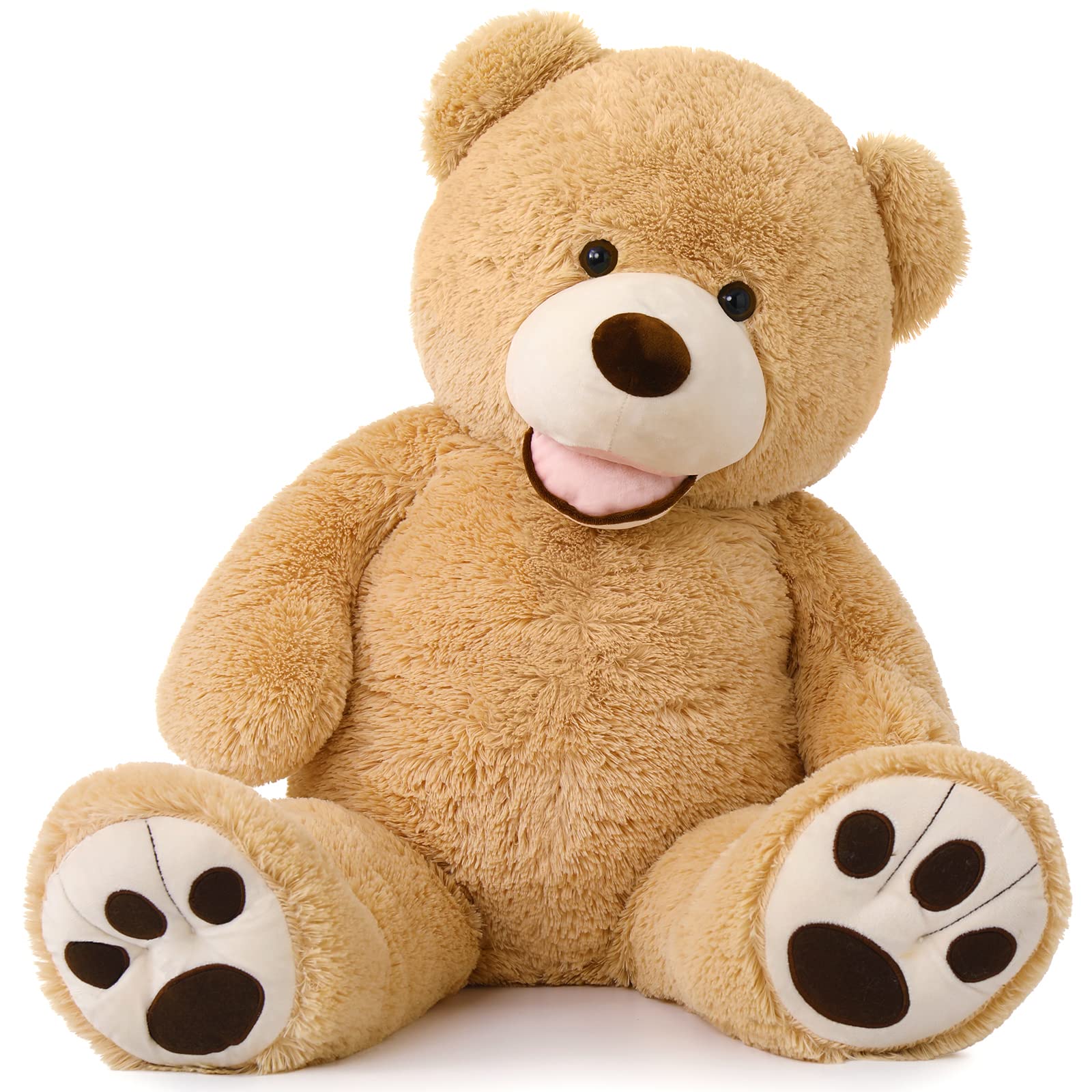 Plush teddy bear with paw prints on paws and a happy expression on a white background
