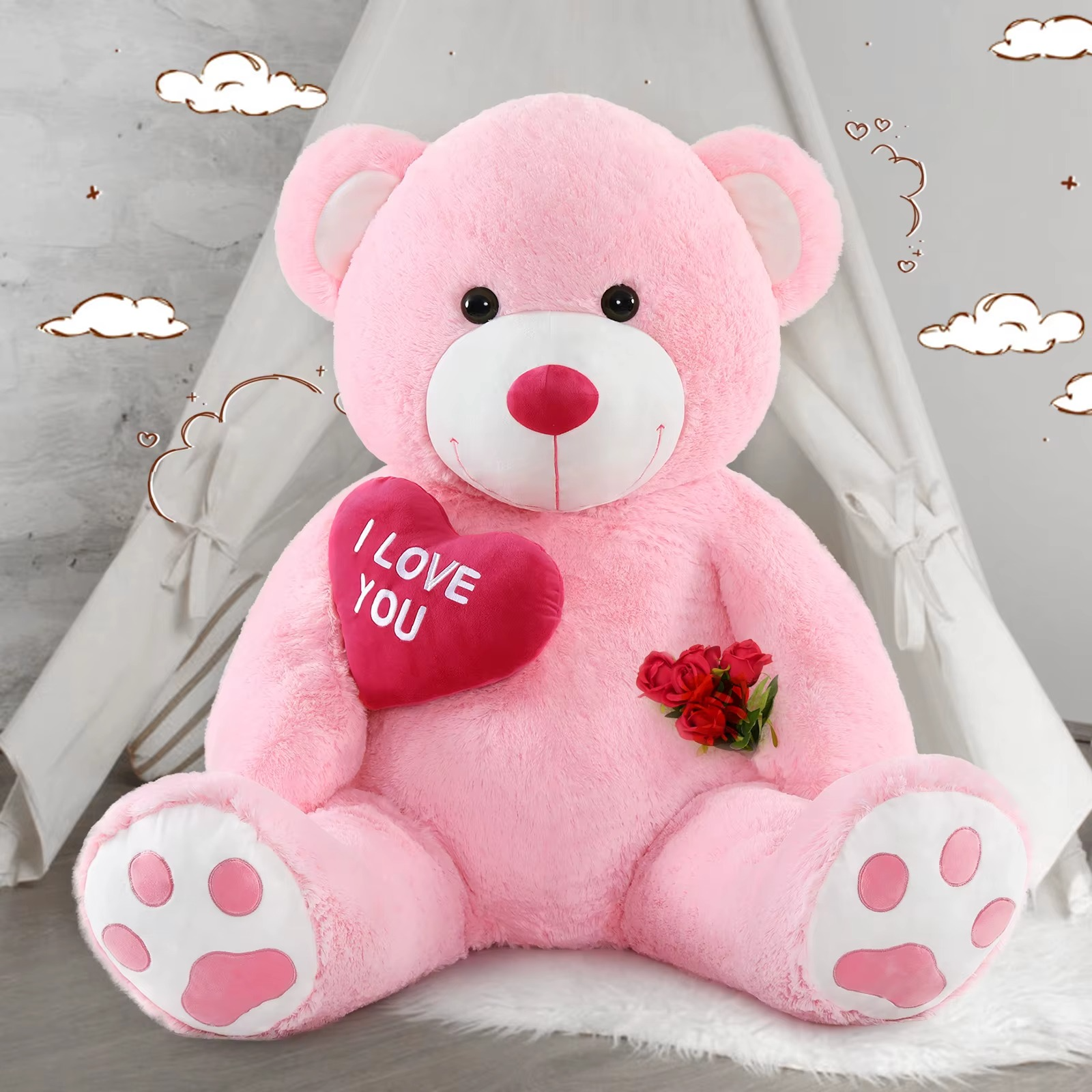 Giant Teddy Bear 4 Feet Big Footprints Plush Stuffed Animals Life Size Large Teddy for Girlfriend Wife Children Teddy-Bear_4ft-Pink