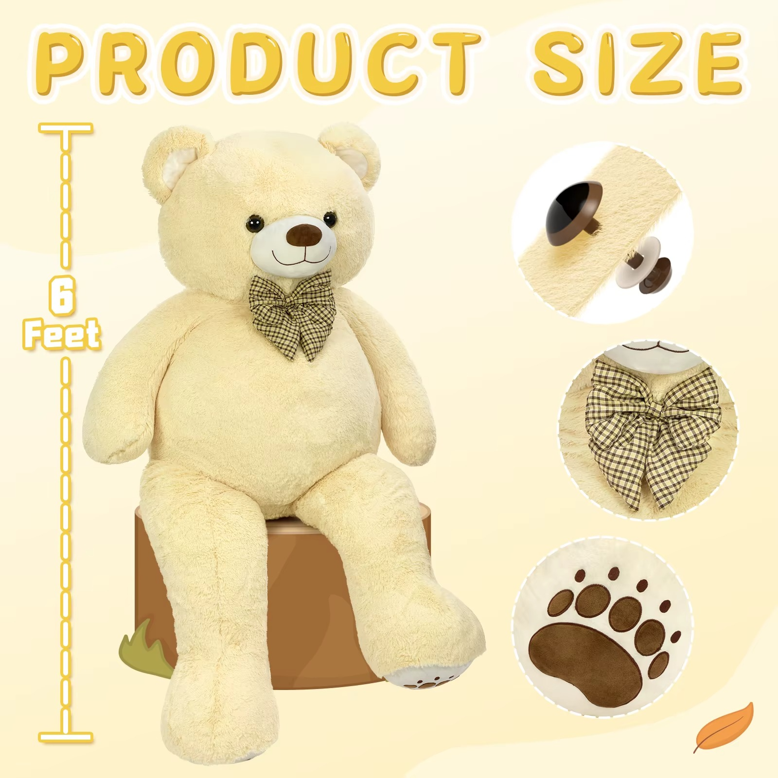 Giant Teddy Bear 6 Feet Big Footprints Plush Stuffed Animals Life Size Large Teddy for Girlfriend Wife Children Teddy-Bear_6ft-Yellow