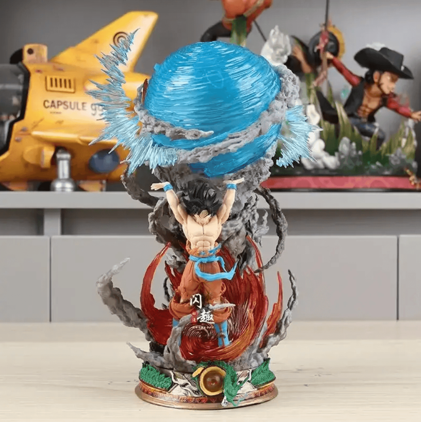 goku spirit bomb figure with translucent blue genki dama sphere, dragon ball z statue for collector shelf display