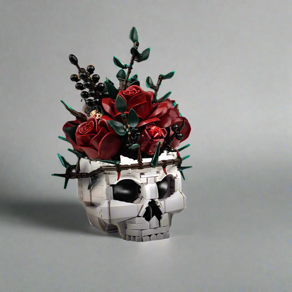 skull and roses brick model kit with thorn vine crown eucalyptus blackberry stems gothic wedding decor adult builder gift