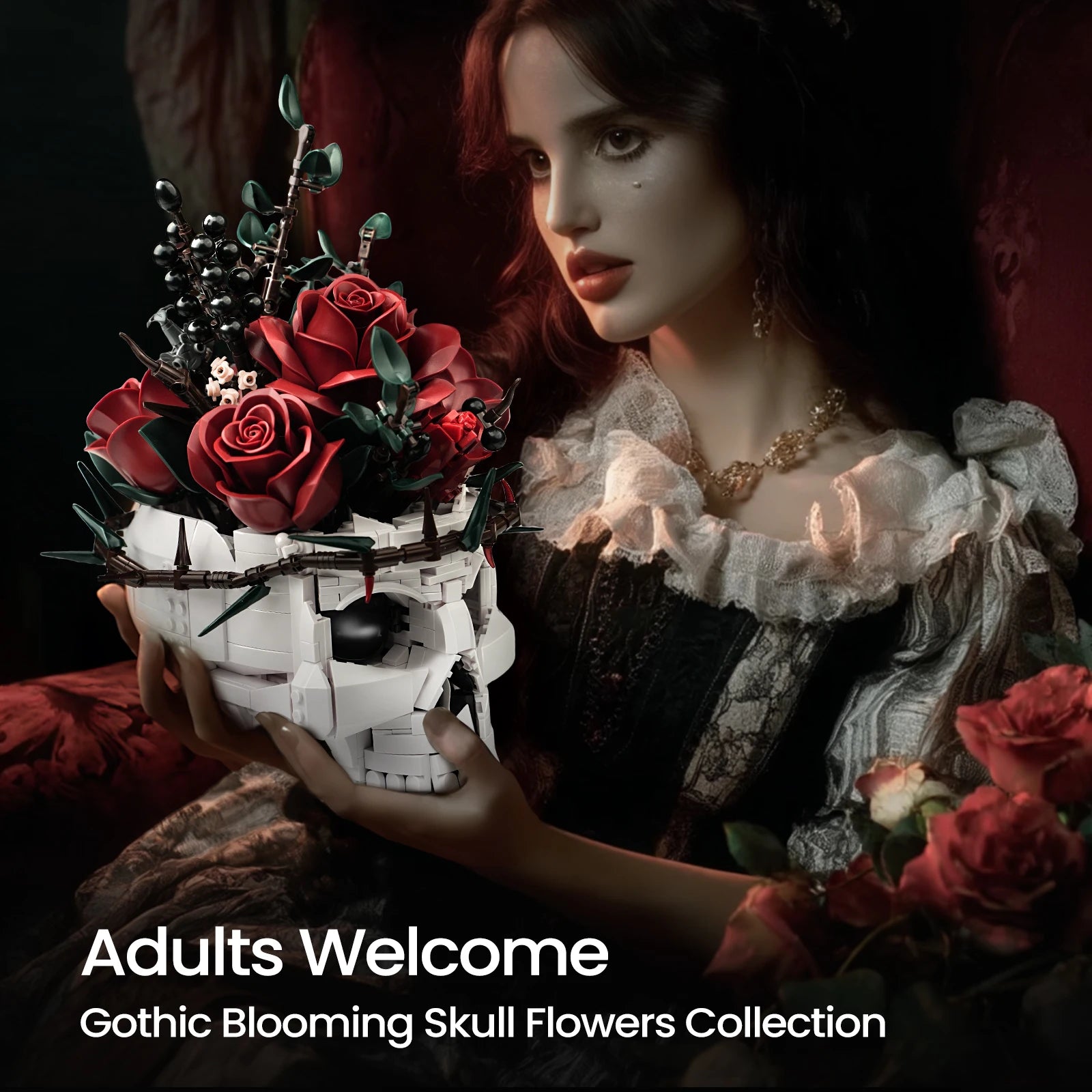 bloom skull lego style construction toy rose floral arrangement halloween display piece for collectors of unusual model kits