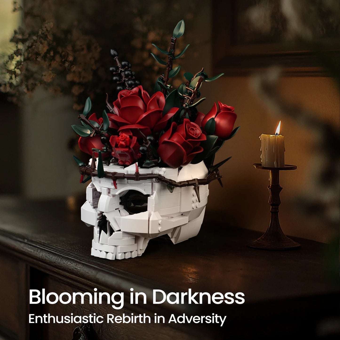 gothic flower skull brick set desk centerpiece for vanity mantel display dark romantic anniversary gift adult building hobby