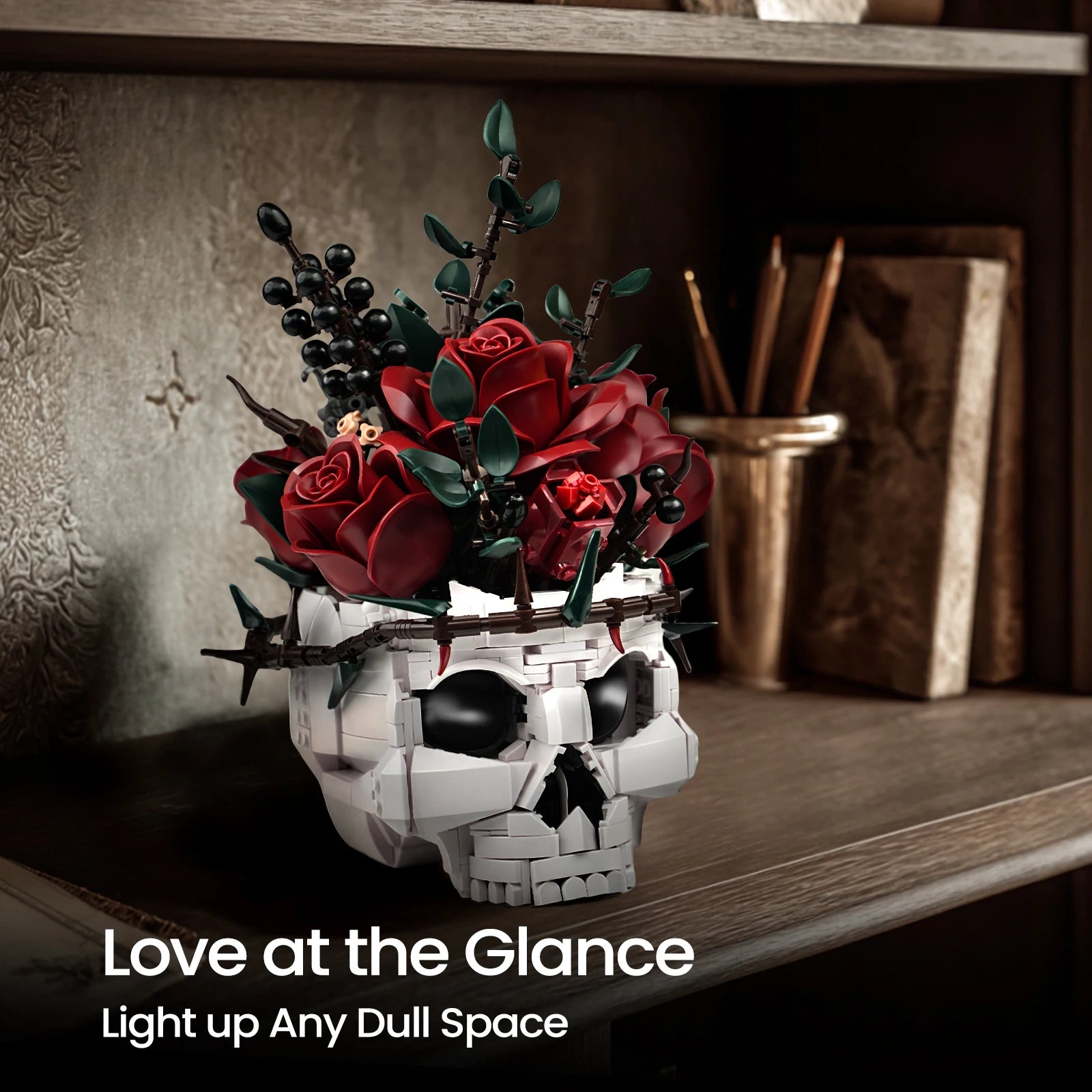 skull and roses brick model kit with thorn vine crown eucalyptus blackberry stems gothic wedding decor adult builder gift