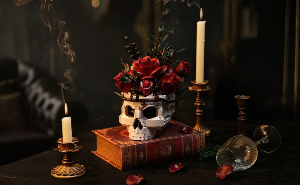 gothic bloom skull flower kit assembled, skeleton vase brick model as a halloween or anti valentine gift