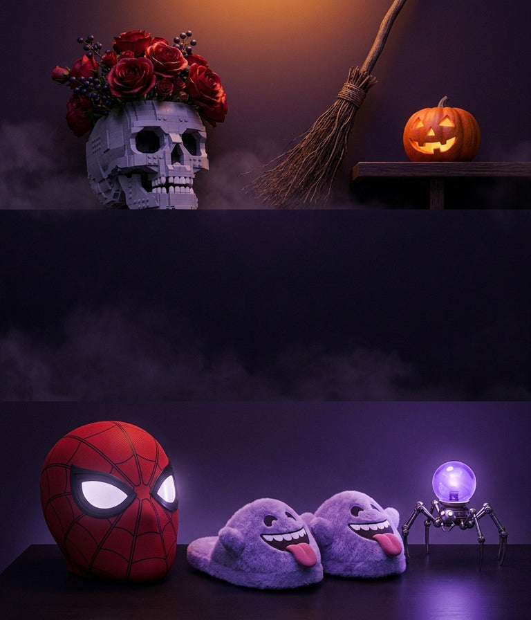 Spooky Halloween decor and costume gifts, gothic skull rose bouquet, witch broom, light-up mask and ghost plush slippers