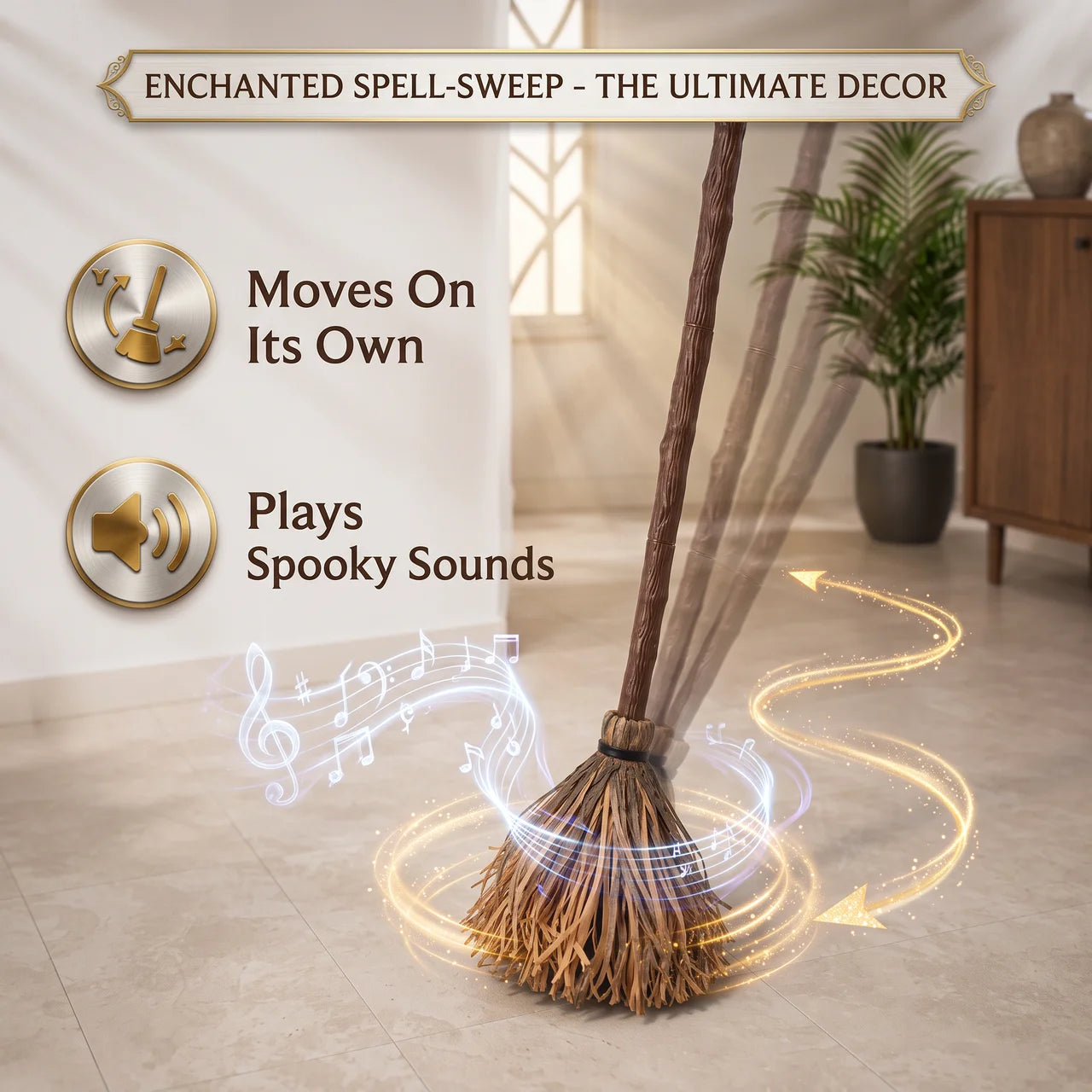 halloween moving broomstick with spooky sounds and independent motion switch, floating witch broom party decoration