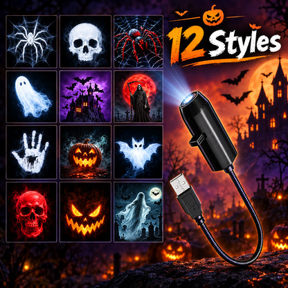 halloween night light projector with 12 interchangeable pattern discs, USB LED projection lamp for wall and ceiling decor, Halloween 12