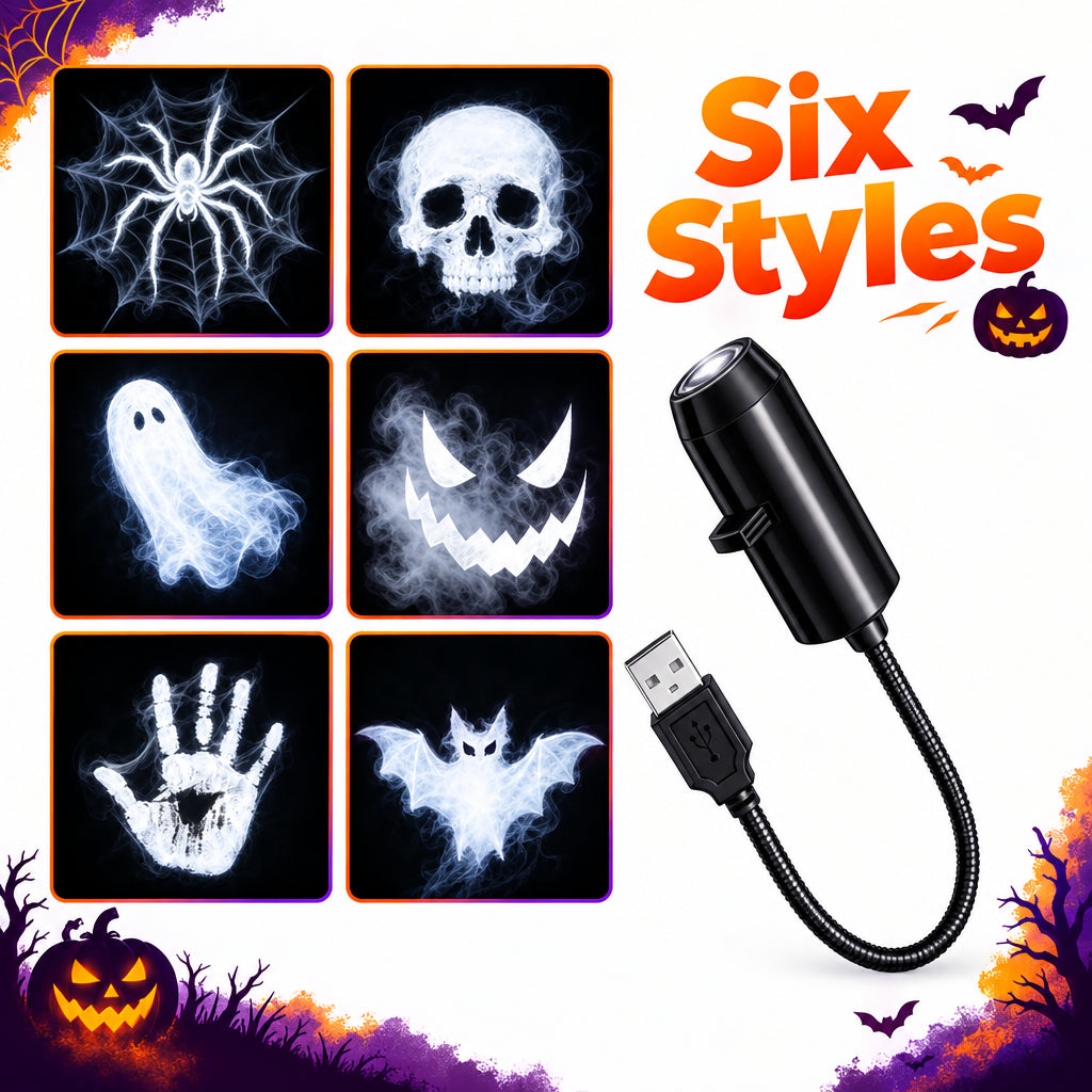 USB halloween projection lamp with six glowing ghost skull bat and spider web patterns for spooky bedroom wall decor, Halloween 6, Halloween 12