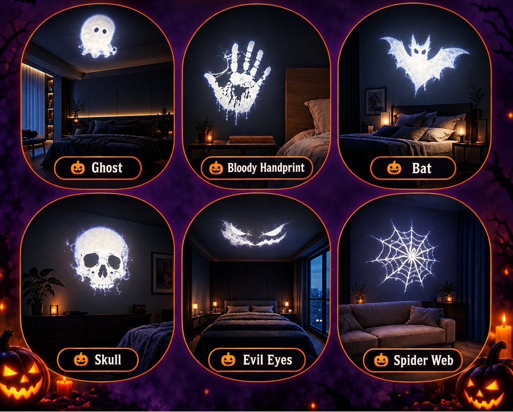 halloween night light for kids bedroom projecting ghost bloody handprint bat skull evil eyes and spider web on walls, Halloween 6, Halloween 12