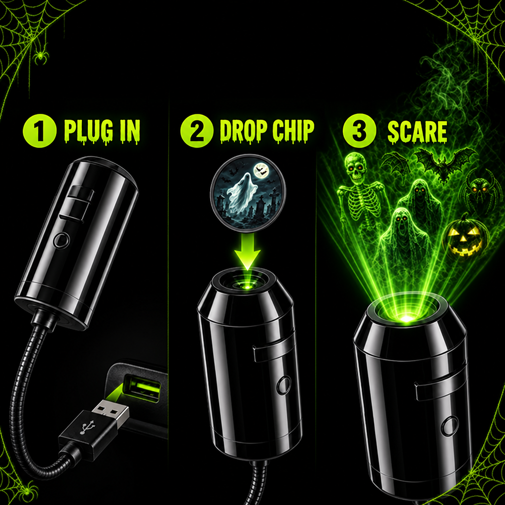 plug and play halloween projector lamp with slot loaded pattern chip, USB LED spooky light for haunted house decor, Halloween 6, Halloween N6, Halloween 12