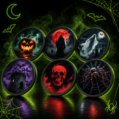 halloween projector slide set with jack o lantern reaper graveyard ghost castle red skull and spider discs, Halloween N6