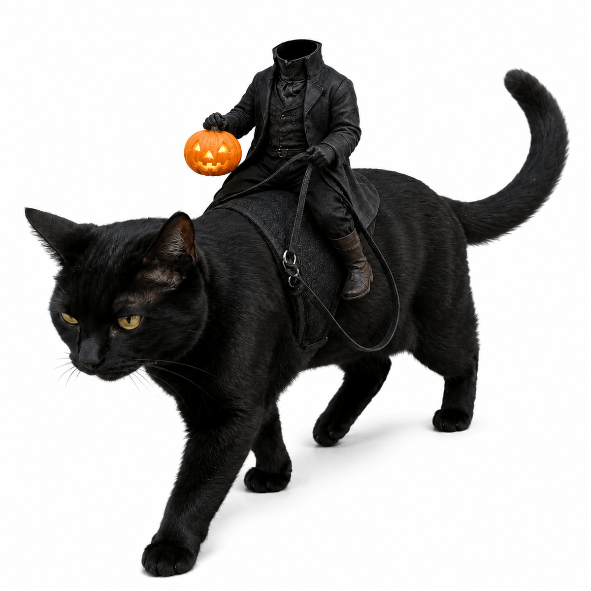 headless horseman cat costume with light up pumpkin lantern and saddle, funny halloween pet costume for cats and kittens