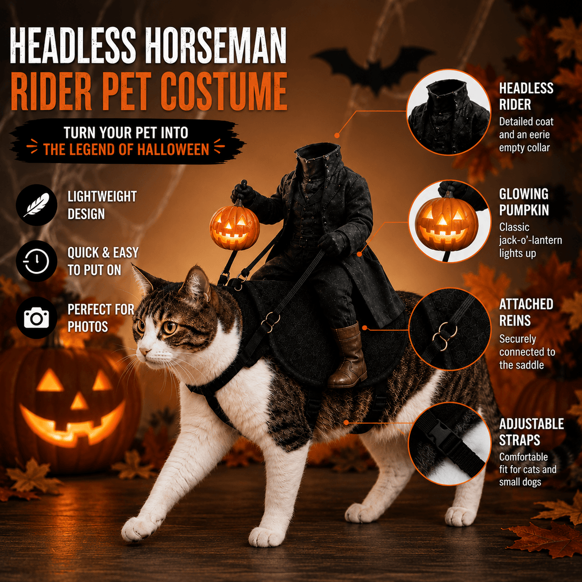 halloween cat costume with glowing jack-o-lantern, attached reins and adjustable straps, sleepy hollow rider for pets