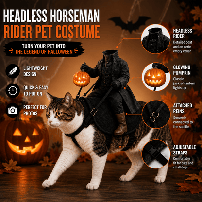 halloween cat costume with glowing jack-o-lantern, attached reins and adjustable straps, sleepy hollow rider for pets