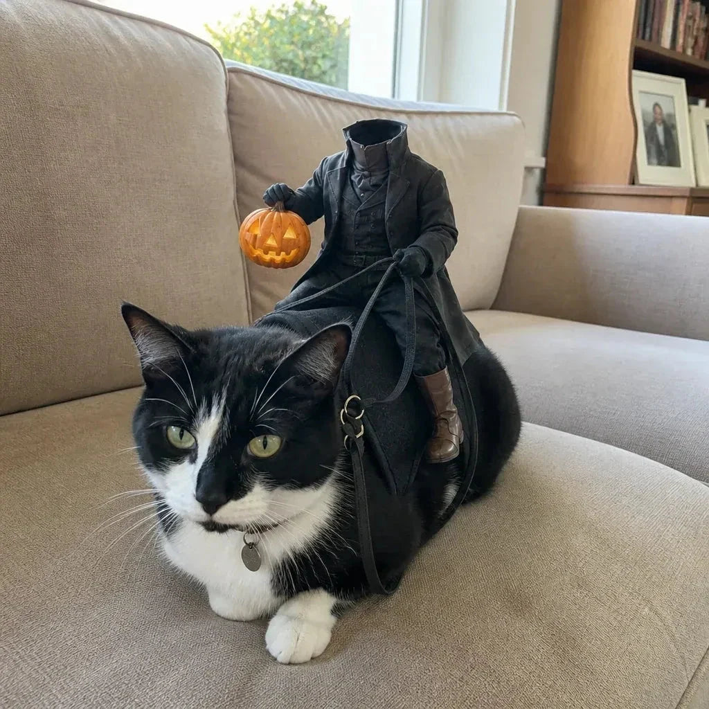funny cat costume for halloween photos at home, headless rider saddle outfit for indoor cats and costume parties