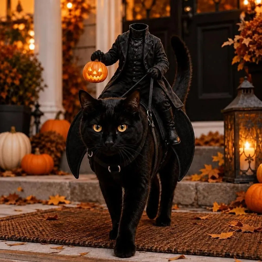 spooky headless horseman pet costume for trick or treat night photos, cat saddle with pumpkin lantern rider figure