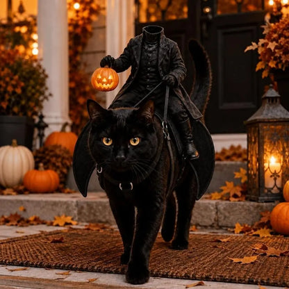 spooky headless horseman pet costume for trick or treat night photos, cat saddle with pumpkin lantern rider figure