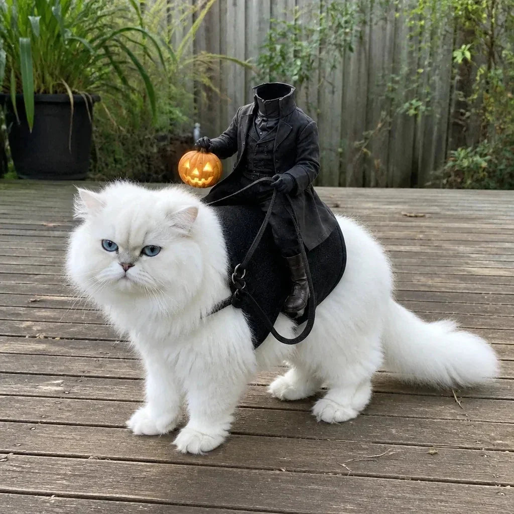 kitten halloween costume for fluffy long hair cats, headless horseman saddle rider with pumpkin for outdoor pet photos