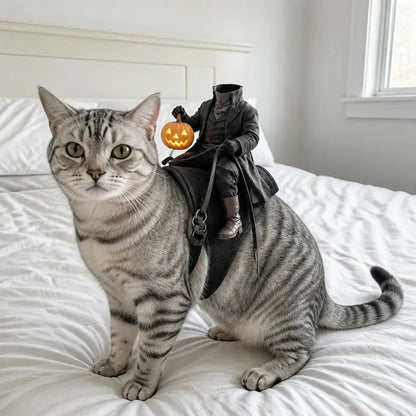 cute cat halloween costume gift for cat lovers and cat moms, 3D headless horseman rider saddle outfit for pet photo shoots