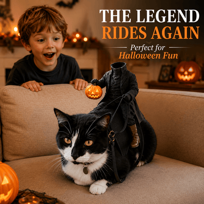 family halloween fun with a headless horseman cat costume, light up pumpkin rider pet outfit that kids and cat owners love