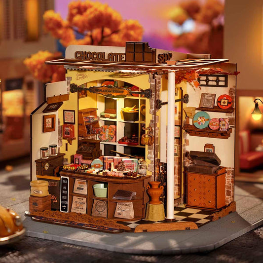diy miniature house kit for adults with 330 pieces building a wooden chocolate shop counter and displays