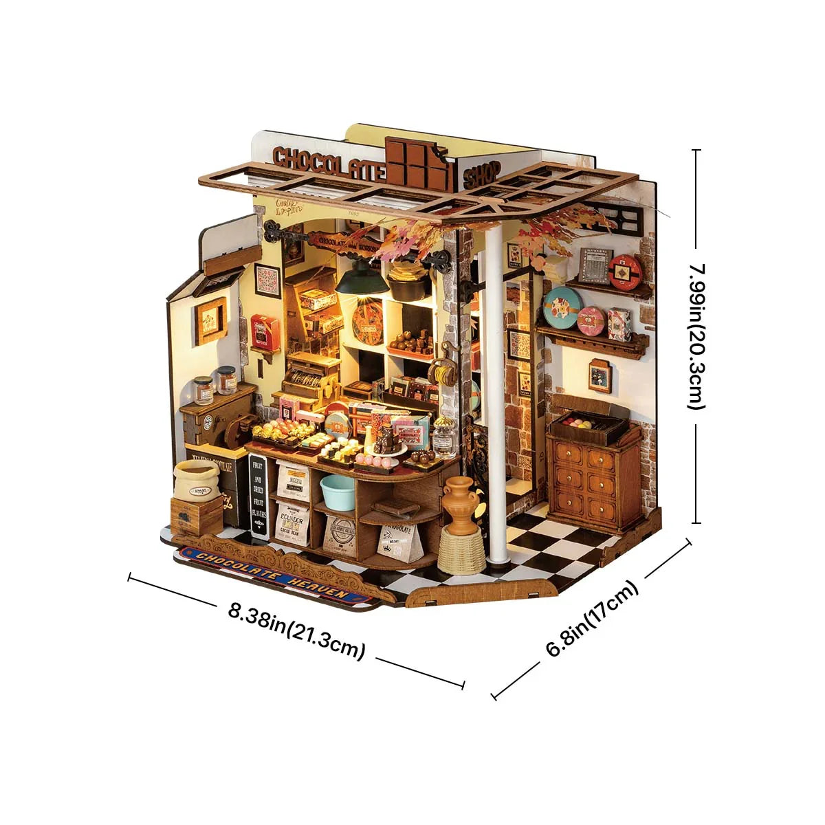 assembled miniature chocolate store on a bookshelf, christmas and birthday gift for miniature collectors
