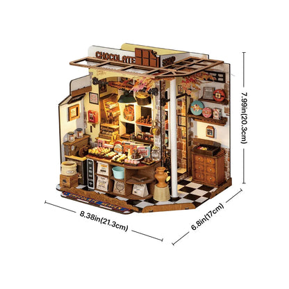 assembled miniature chocolate store on a bookshelf, christmas and birthday gift for miniature collectors