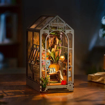 miniature garden house with arched door, ribbed glass and curved staircase for french style shelf decor