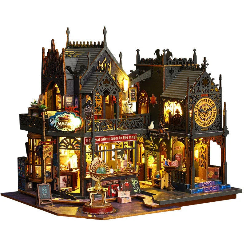 holo magic city diy miniature dollhouse kit lit up at night, 3d wooden puzzle house for adults and teens (KIt Only, Kit + Dust Cover)