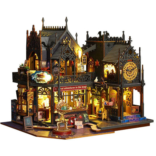 holo magic city diy miniature dollhouse kit lit up at night, 3d wooden puzzle house for adults and teens (KIt Only, Kit + Dust Cover)