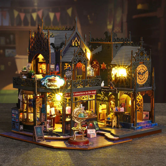 magic shop street miniature house model with warm LED window lighting, wooden dollhouse kit for desk display (KIt Only, Kit + Dust Cover)