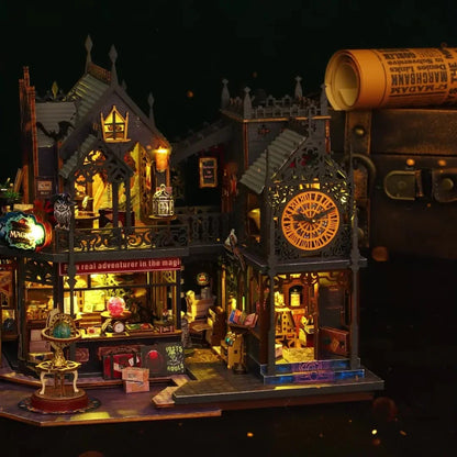 diy miniature house with wizard clock tower and glowing storefronts, fantasy dollhouse building kit for adults (KIt Only, Kit + Dust Cover)