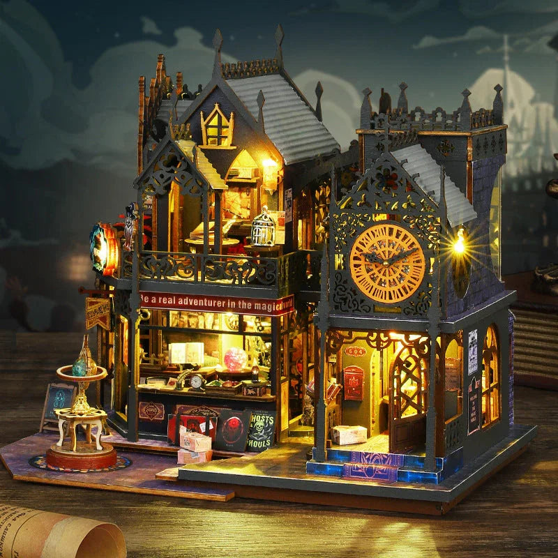 3d wooden puzzle dollhouse kit assembled, magic city model house craft project for a hobby shelf or bookcase (KIt Only, Kit + Dust Cover)