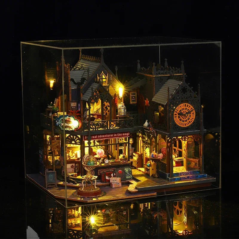 miniature dollhouse kit displayed inside a clear acrylic dust cover, lit wooden model house gift for adults (Kit + Dust Cover)
