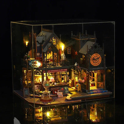 miniature dollhouse kit displayed inside a clear acrylic dust cover, lit wooden model house gift for adults (Kit + Dust Cover)