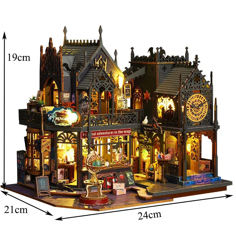 wooden magic city dollhouse with protective display case, illuminated diy model kit for a christmas gift (Kit + Dust Cover)