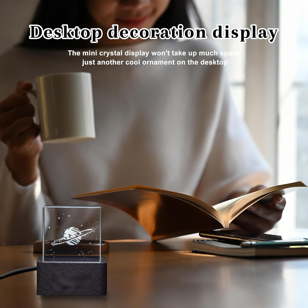 hologram cube display on minimalist workspace beside coffee mug 3d holographic desk frame for designers writers