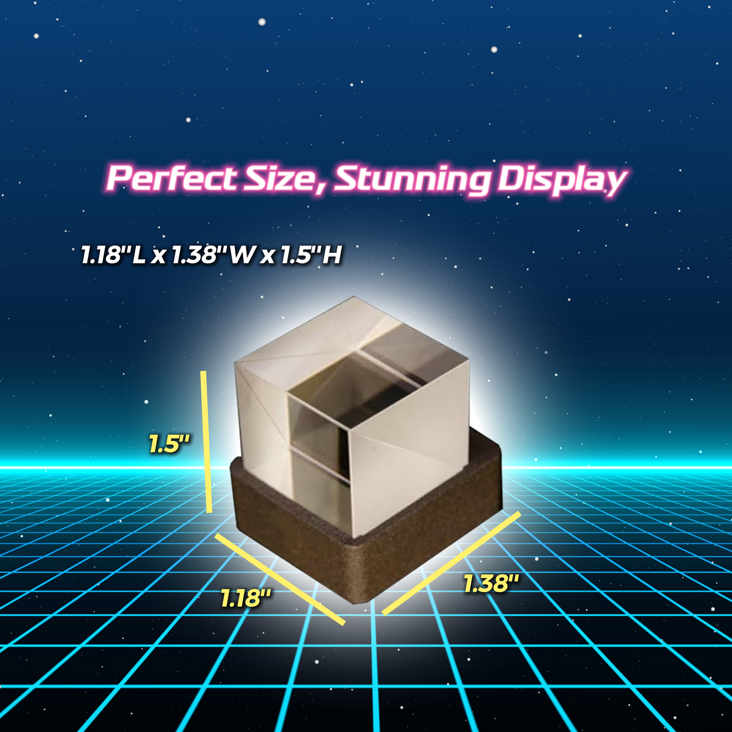 holographic cube display close up showing animated 3d depth inside transparent crystal acrylic prism