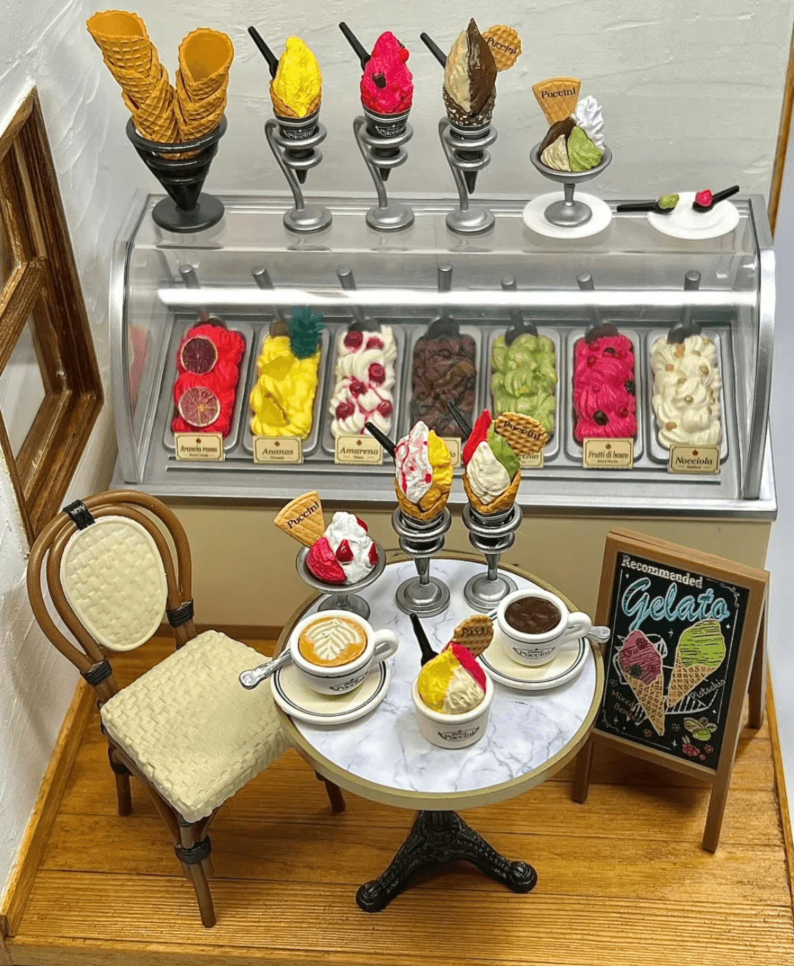 ice cream shop miniature 1:12 dollhouse set gelato display case cones tiny food diorama collectible