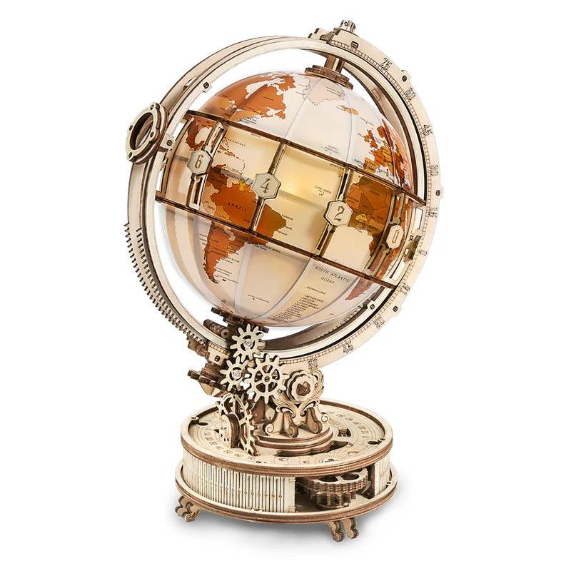 3d wooden globe puzzle kit with warm LED light, illuminated world globe lamp for adult builders and desk decor
