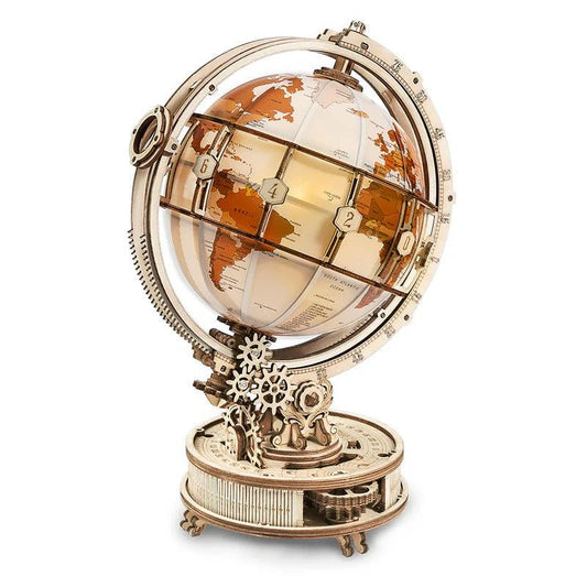 3d wooden globe puzzle kit with warm LED light, illuminated world globe lamp for adult builders and desk decor