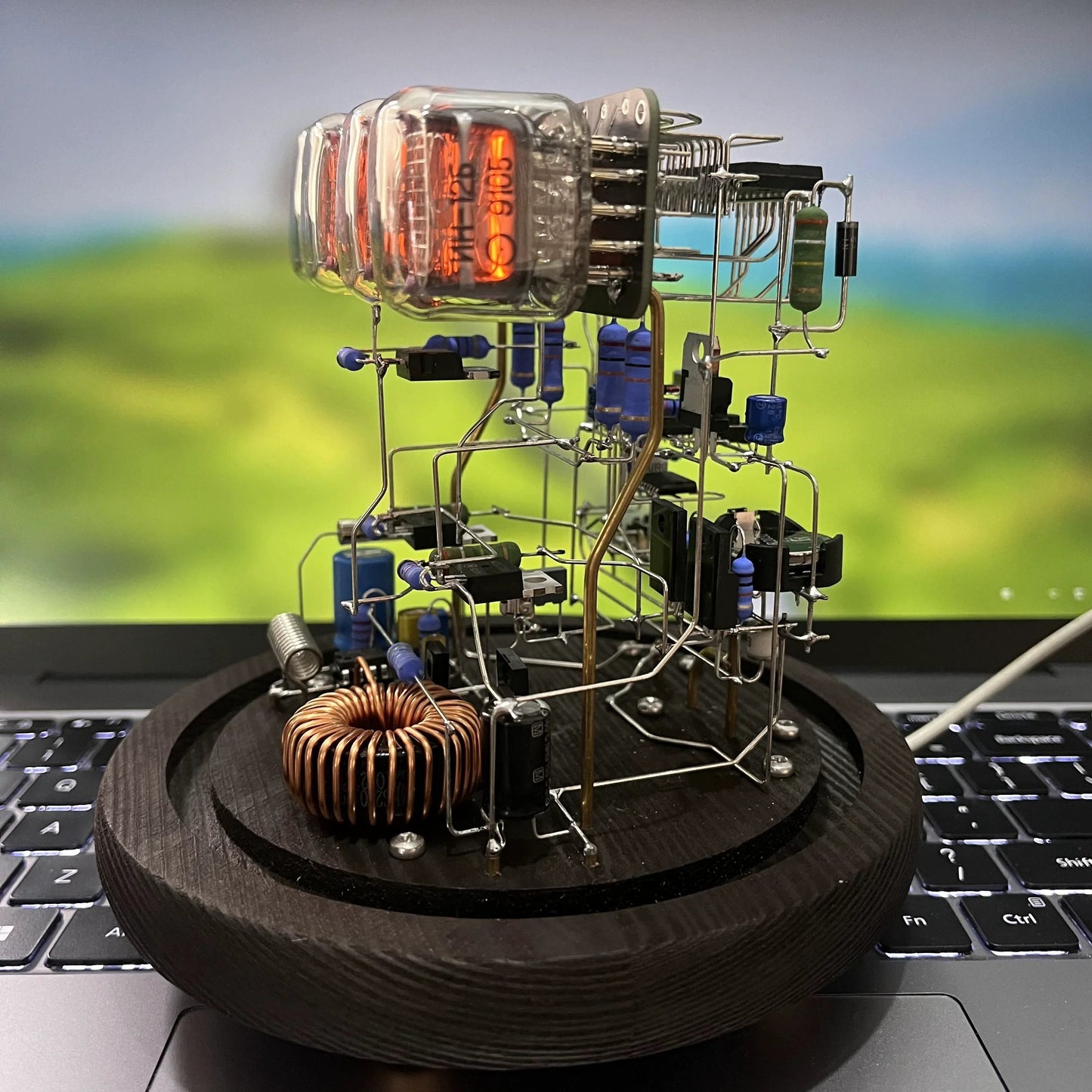 Nixie tube desk clock glowing on workstation retro IN12 vacuum tube DIY build gift steampunk decor, Pine, Walnut