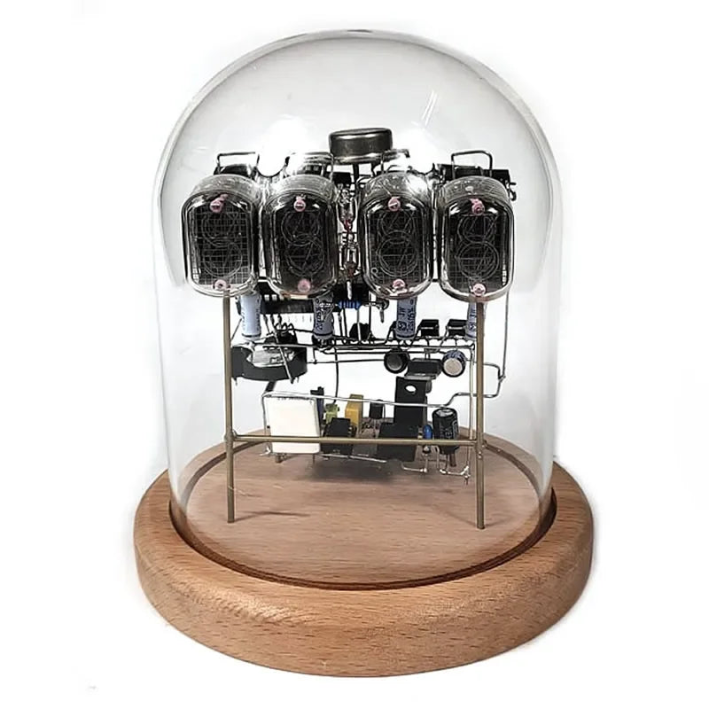 Assembled IN12 nixie tube desk clock under glass dome retro DIY kit vintage electronics vacuum tube gift, Pine, Walnut