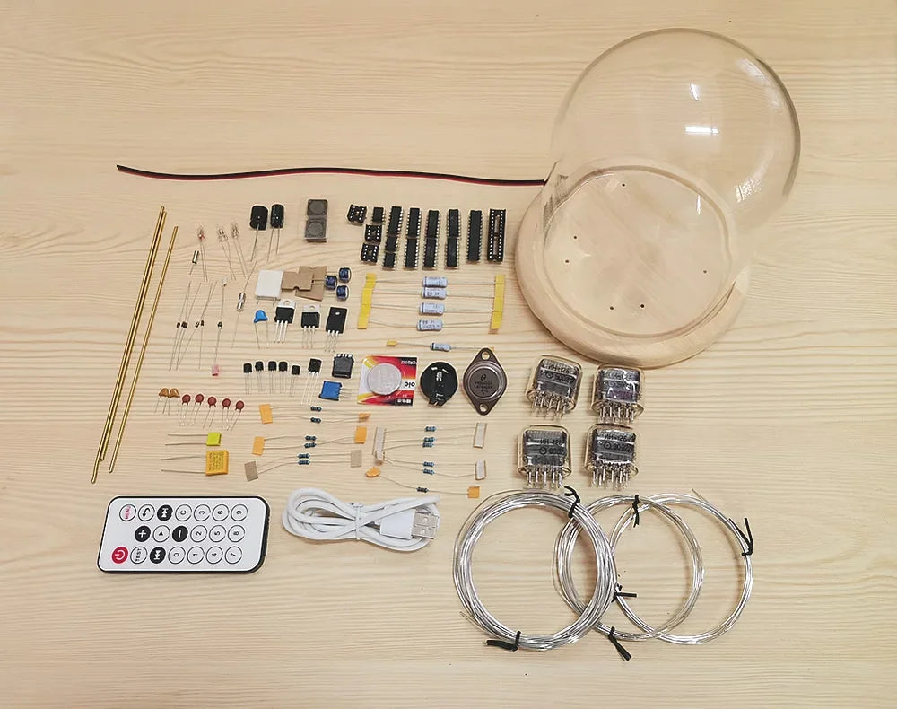 DIY nixie tube clock kit contents with remote USB cable PCB tubes build-your-own retro desk clock, Pine