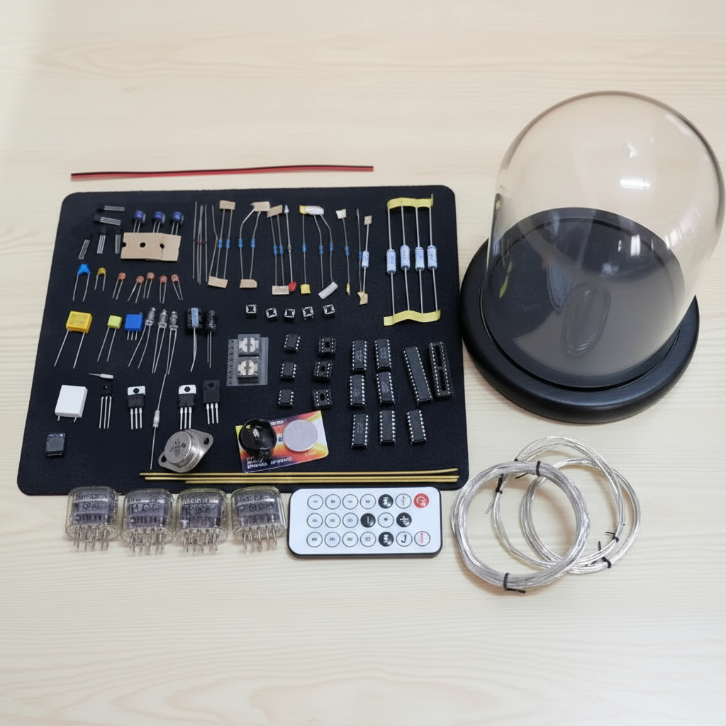 Complete IN12 nixie tube clock DIY kit parts inventory vacuum tubes components glass dome retro build, Walnut