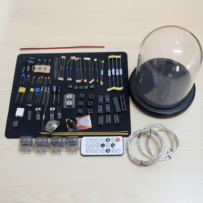 Complete IN12 nixie tube clock DIY kit parts inventory vacuum tubes components glass dome retro build, Walnut